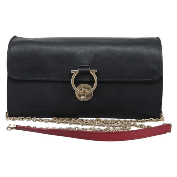 Salvatore Ferragamo Gancini Chain Shoulder Wallet Leather Black Auth 110302