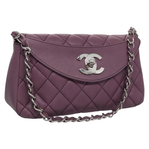 CHANEL Matelasse Chain Shoulder Bag Lamb Skin Purple CC Auth 110303AV