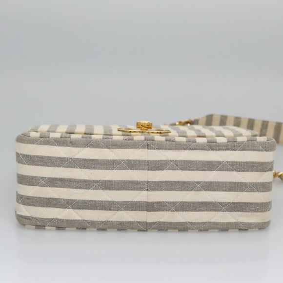 CHANEL Striped Matelasse Chain Shoulder Bag Canvas White Gray CC Auth 110304AV