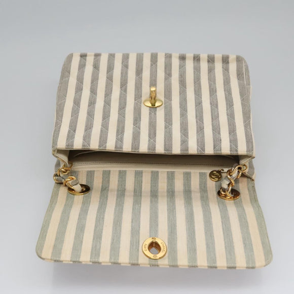 CHANEL Striped Matelasse Chain Shoulder Bag Canvas White Gray CC Auth 110304AV