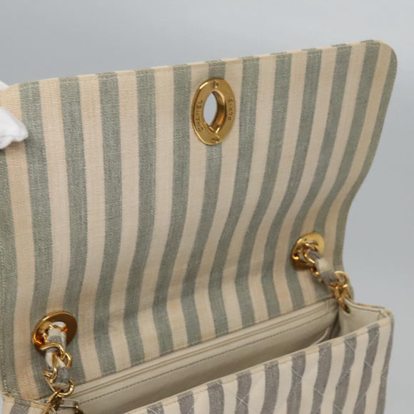 CHANEL Striped Matelasse Chain Shoulder Bag Canvas White Gray CC Auth 110304SAV