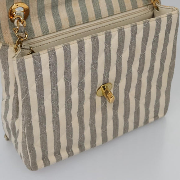 CHANEL Striped Matelasse Chain Shoulder Bag Canvas White Gray CC Auth 110304SAV