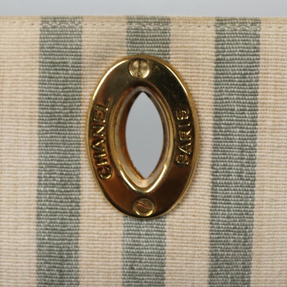 CHANEL Striped Matelasse Chain Shoulder Bag Canvas White Gray CC Auth 110304AV