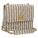 CHANEL Striped Matelasse Chain Shoulder Bag Canvas White Gray CC Auth 110304SAV-1