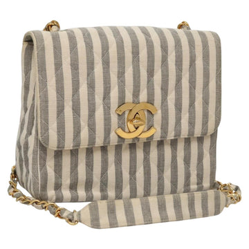 CHANEL Striped Matelasse Chain Shoulder Bag Canvas White Gray CC Auth 110304AV