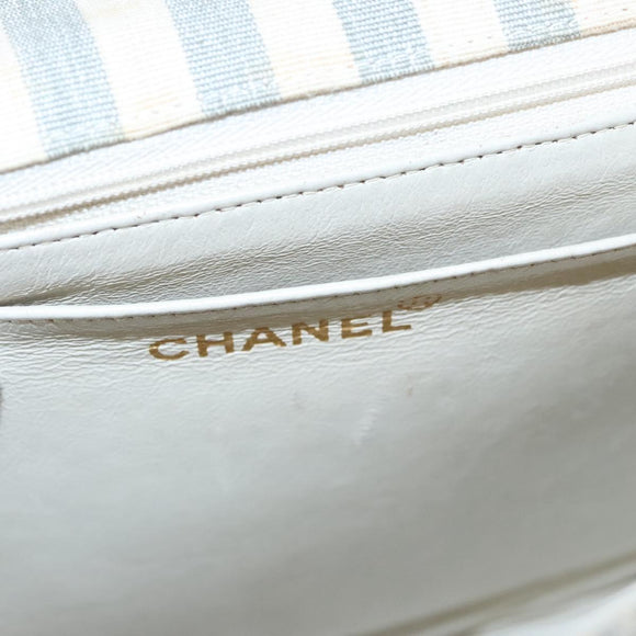 CHANEL Striped Matelasse Chain Shoulder Bag Canvas White Gray CC Auth 110304AV