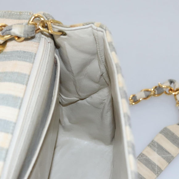 CHANEL Striped Matelasse Chain Shoulder Bag Canvas White Gray CC Auth 110304AV