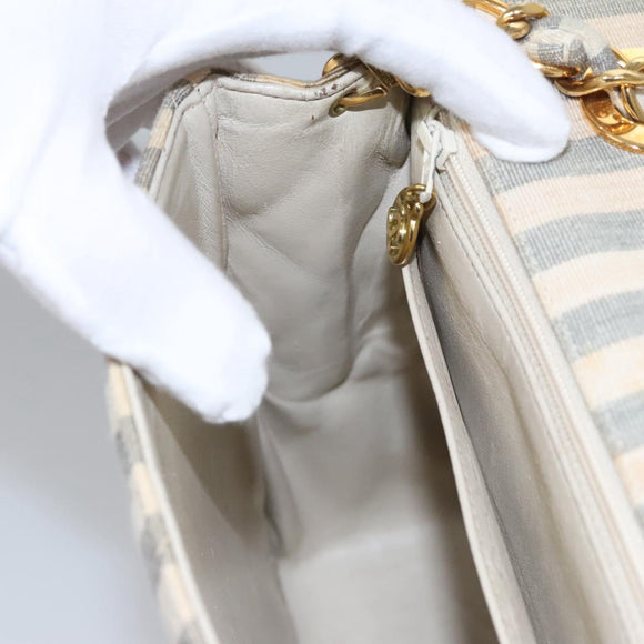 CHANEL Striped Matelasse Chain Shoulder Bag Canvas White Gray CC Auth 110304AV