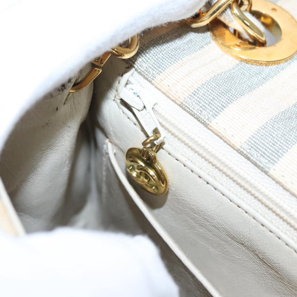 CHANEL Striped Matelasse Chain Shoulder Bag Canvas White Gray CC Auth 110304SAV