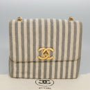 CHANEL Striped Matelasse Chain Shoulder Bag Canvas White Gray CC Auth 110304SAV-12