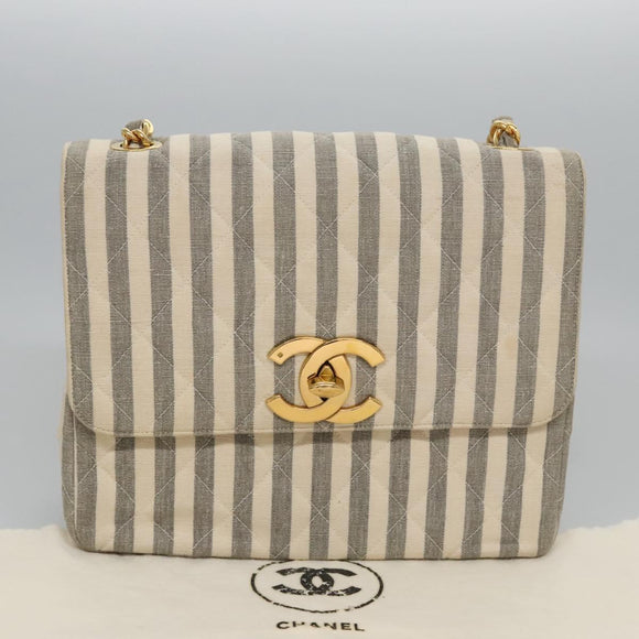 CHANEL Striped Matelasse Chain Shoulder Bag Canvas White Gray CC Auth 110304AV