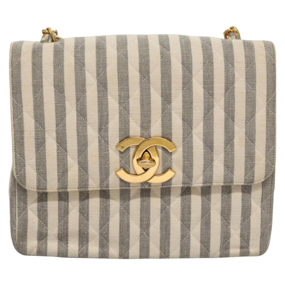 CHANEL Striped Matelasse Chain Shoulder Bag Canvas White Gray CC Auth 110304AV