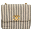 CHANEL Striped Matelasse Chain Shoulder Bag Canvas White Gray CC Auth 110304SAV-13