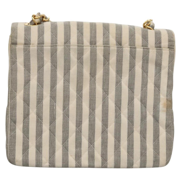 CHANEL Striped Matelasse Chain Shoulder Bag Canvas White Gray CC Auth 110304SAV