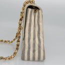 CHANEL Striped Matelasse Chain Shoulder Bag Canvas White Gray CC Auth 110304SAV-4