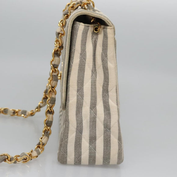 CHANEL Striped Matelasse Chain Shoulder Bag Canvas White Gray CC Auth 110304AV