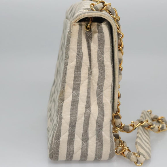 CHANEL Striped Matelasse Chain Shoulder Bag Canvas White Gray CC Auth 110304SAV