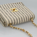 CHANEL Striped Matelasse Chain Shoulder Bag Canvas White Gray CC Auth 110304SAV-14