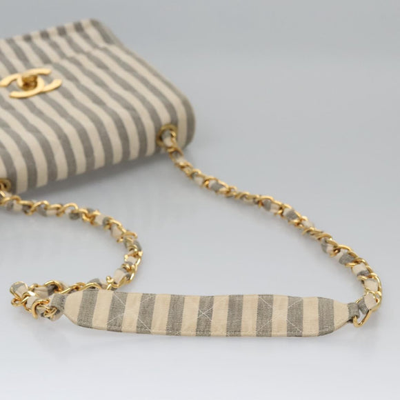CHANEL Striped Matelasse Chain Shoulder Bag Canvas White Gray CC Auth 110304AV