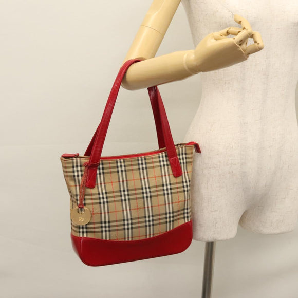 BURBERRY Nova Check Hand Bag Canvas Beige Red Auth 110306