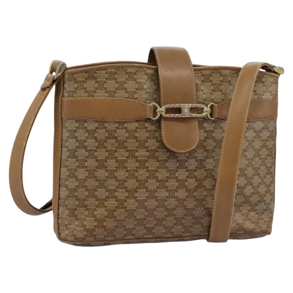 CELINE Macadam Canvas Shoulder Bag PVC Leather Beige Auth 110402