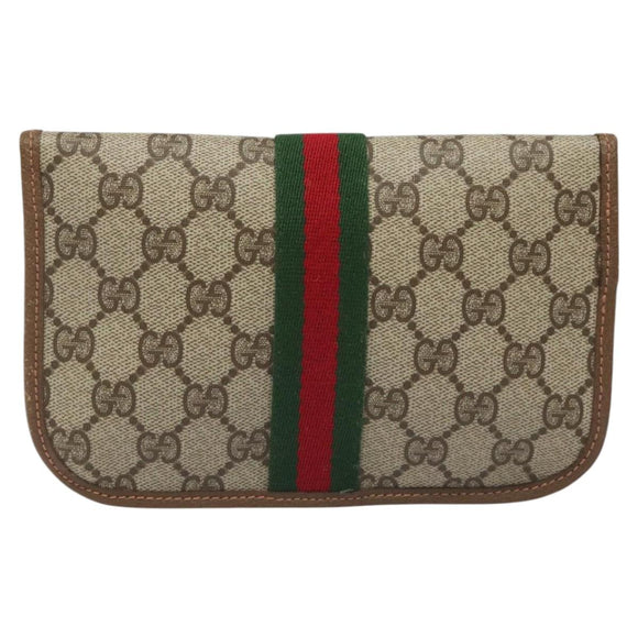 GUCCI GG Supreme Web Sherry Line Pouch PVC Leather Beige 89 01 021 Auth 110412
