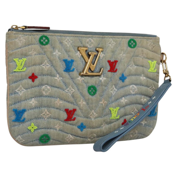 LOUIS VUITTON Monogram Denim New Wave Pochette Zip Bag Blue M67538 Auth 110431