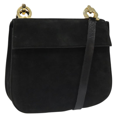 Salvatore Ferragamo Gancini Shoulder Bag Suede Black Gold Auth 110487
