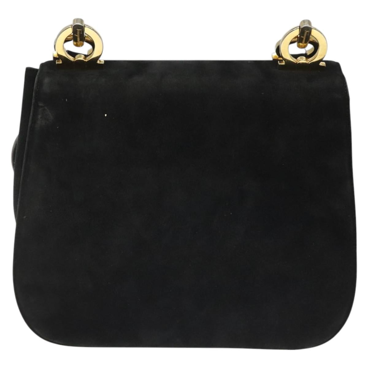 Salvatore Ferragamo Gancini Shoulder Bag Suede Black Gold Auth