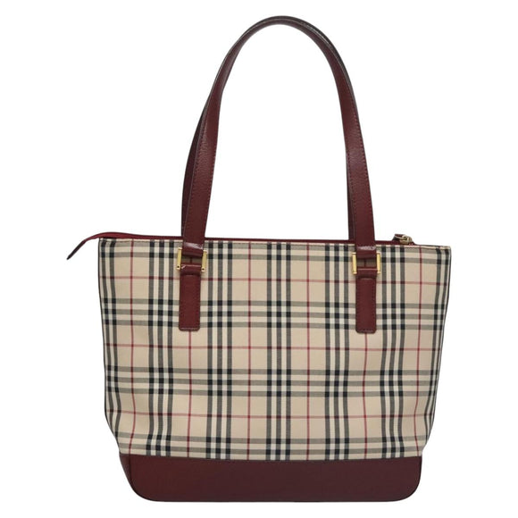 BURBERRY Nova Check Tote Bag Canvas Leather Beige Red gold Auth 110498