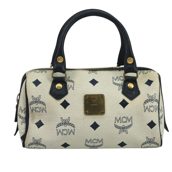 MCM Vicetos Logogram Hand Bag PVC Leather 2way White Navy gold Auth 110795