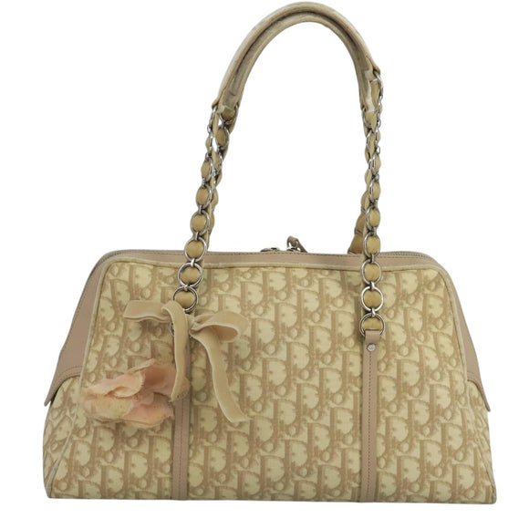 Christian Dior Trotter Canvas Romantic Shoulder Bag PVC Beige Silver Auth 110812