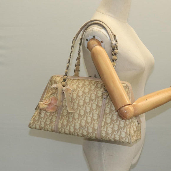 Christian Dior Trotter Canvas Romantic Shoulder Bag PVC Beige Silver Auth 110812