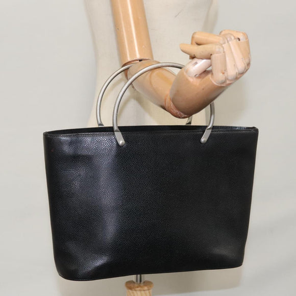 CHANEL Hand Bag Caviar Skin Black Silver CC Auth 110813