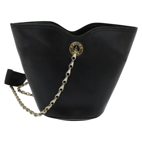 CELINE Chain Shoulder Bag Leather Black Gold Auth 110823