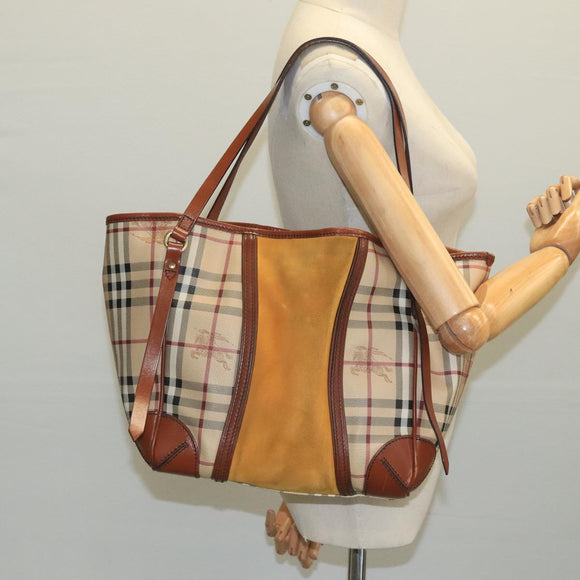 BURBERRY Nova Check Shoulder Bag PVC Suede Beige Brown gold Auth 110833
