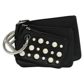 FENDI Triplet Clutch Bag Leather Black Auth 110887V