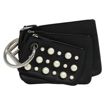 FENDI Triplet Clutch Bag Leather Black Auth 110887V
