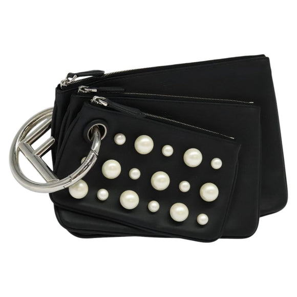 FENDI Triplet Clutch Bag Leather Black Auth 110887V