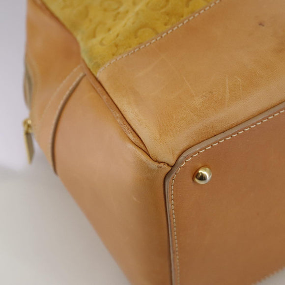 CELINE C Macadam Canvas Hand Bag Suede Leather Yellow Gold Auth 111108