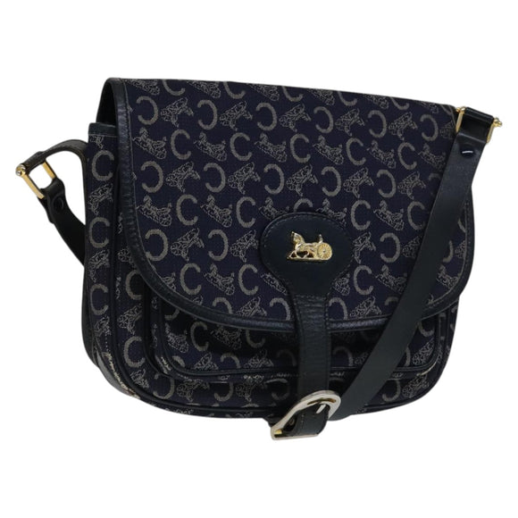 CELINE C Sulky Shoulder Bag Canvas Navy Gold Auth 111109