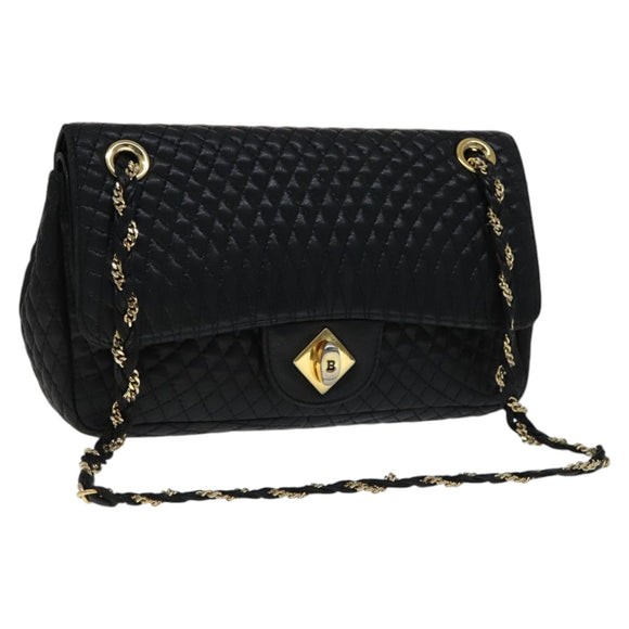 BALLY Quilted Chain Shoulder Bag Leather Black Gold Auth 111116