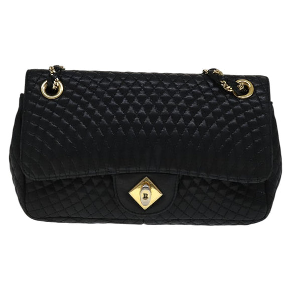 BALLY Quilted Chain Shoulder Bag Leather Black Gold Auth 111116