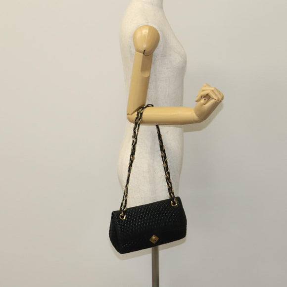 BALLY Quilted Chain Shoulder Bag Leather Black Gold Auth 111116