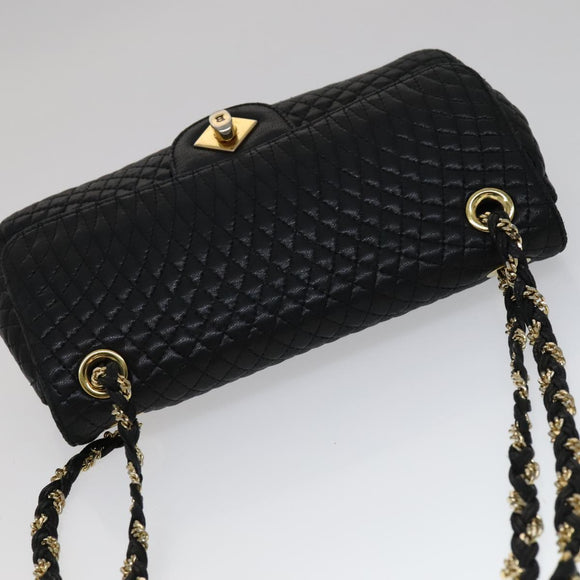 BALLY Quilted Chain Shoulder Bag Leather Black Gold Auth 111116