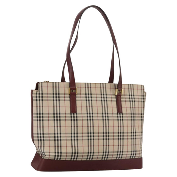 BURBERRY Nova Check Tote Bag Canvas Leather Beige Red gold Auth 111118