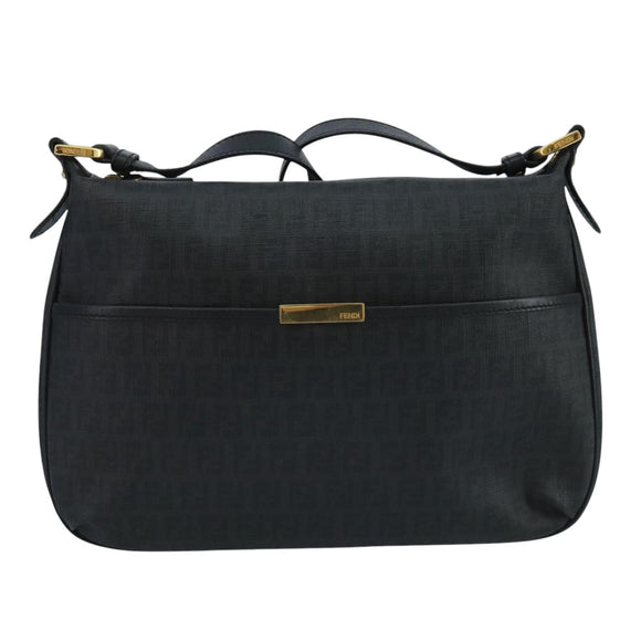 FENDI Zucchino Canvas Shoulder Bag Gold Black Auth 111182