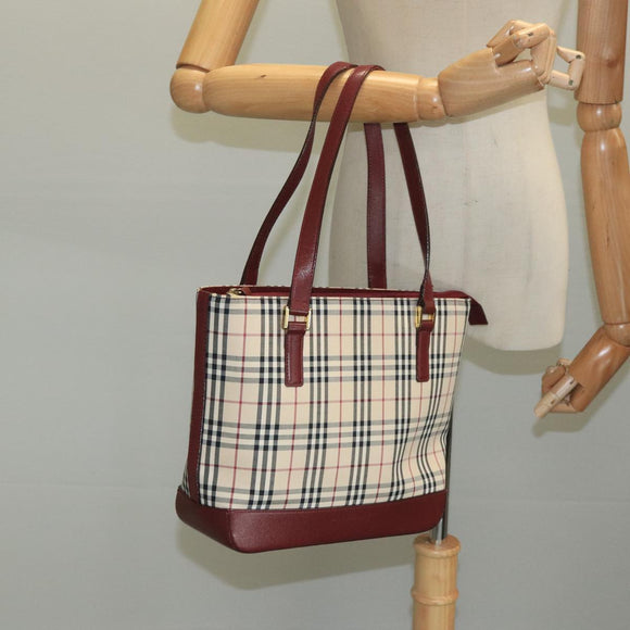 BURBERRY Nova Check Tote Bag Canvas Leather Beige Red gold Auth 111204