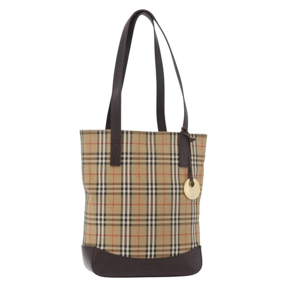 BURBERRY Nova Check Tote Bag Canvas Leather Beige Dark Brown gold Auth 111205