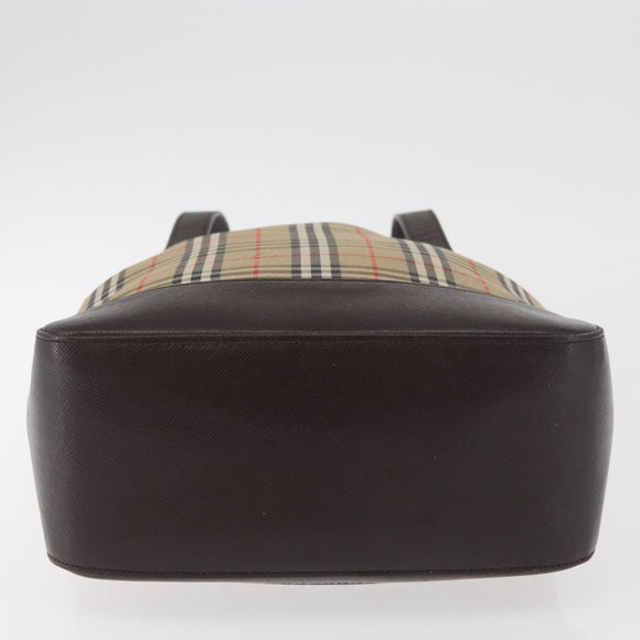 BURBERRY Nova Check Tote Bag Canvas Leather Beige Dark Brown gold Auth 111205